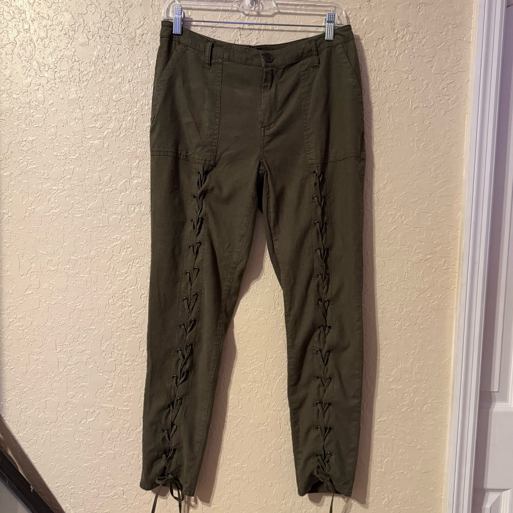 Venus Women’s Olive Lace-Up Pants Linen Blend Size 8
